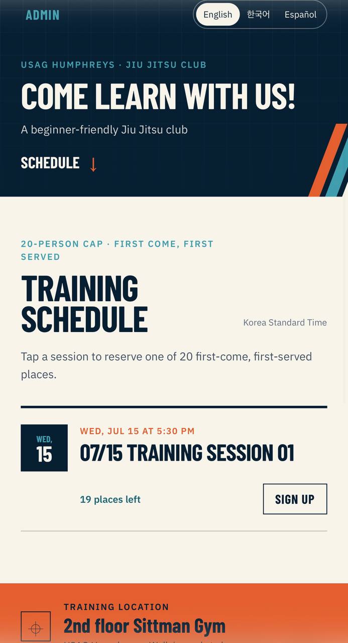2ID Jiu Jitsu Club public session sign-up screen