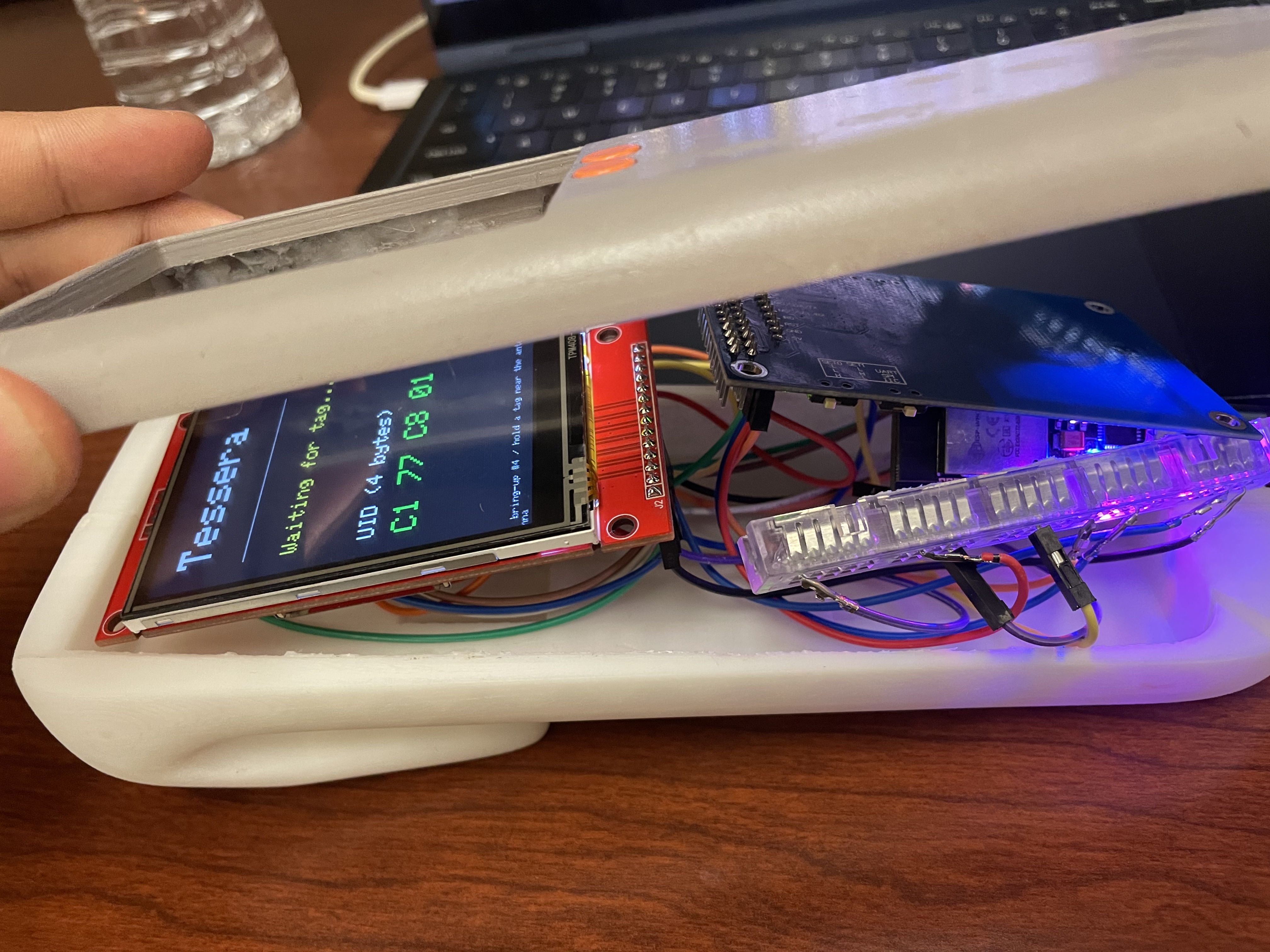 Inside the Tessera scanner prototype showing display and wiring
